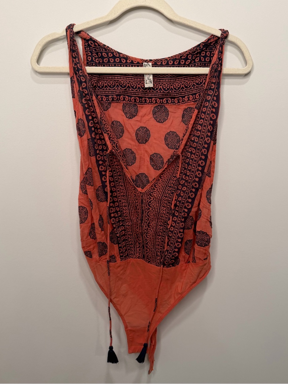 Free People Intimately Boho Printed Sleeveless Bodysuit Orange Navy OB1469393 M